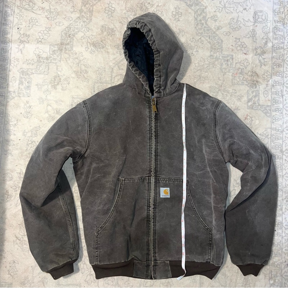 VTG Carhartt Youth YYJ130 DKB Canvas Full Zip Jacket Hooded Chore Work Coat XL - Picture 2 of 8